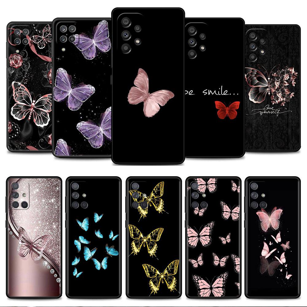 Case For Samsung Galaxy A52 A12 A32 A51 A21s A71 A13 A53 A22 A31 A72 A03 A02s A41 Black Phone Shell Beauty Pink Butterfly