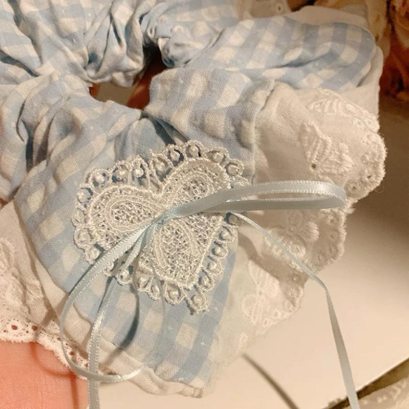 Blue Checkered Pattern, Bow Tie, Lace Handkerchief, Headband, Female, Korean Style, Oversized Headband, Hair Accessory