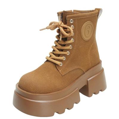 Модные женские кожаные сапоги до середины голени высотой 7,5 см на толстом каблуке, мотоциклетные ботинки с толстой подошвой и высокой платформой, короткие сапоги