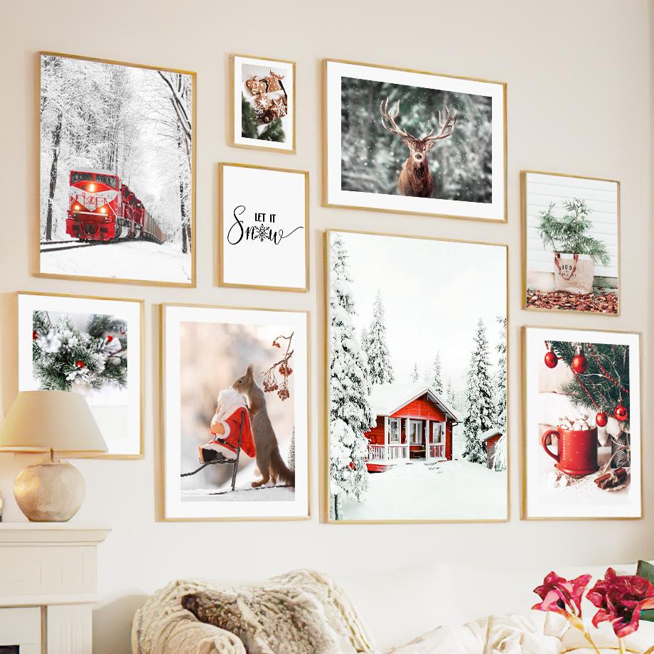 Настенная картина на холсте, Рождественская елка, красный дом, белка, олень, украшение для гостиной, постеры и принты, настенные картины для дома