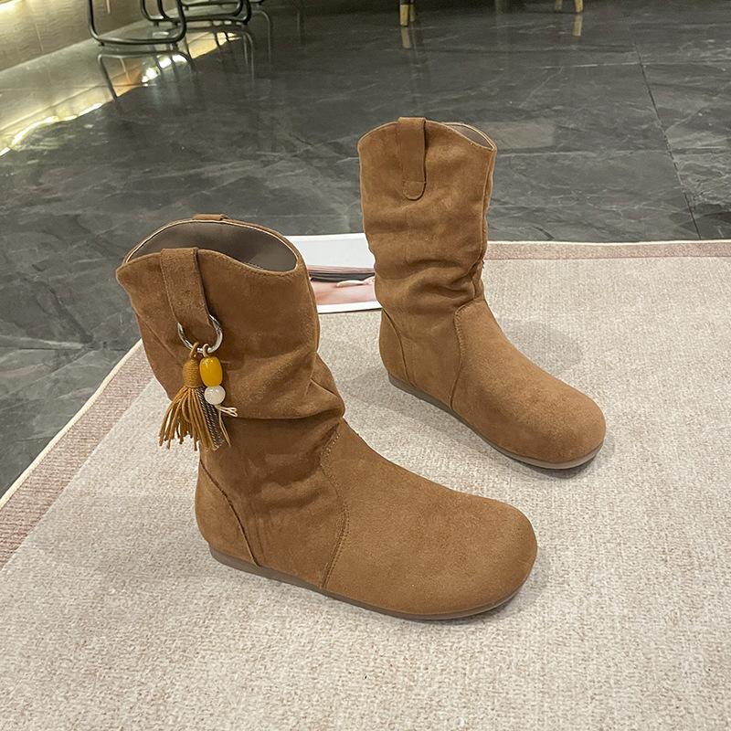 Модные женские винтажные короткие ботинки 2025 Осень Зима Новые Круглый носок Модные Повседневные Балетки Удобные Уличные Нескользящие Ботинки из Матовой Замши
