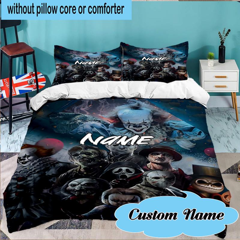 Custom Name 3PCS Halloween Horror Christmas Bedding Set Including 1pc Duvet Cover And 2pcs Pillowcases for Bedroom, Dormitory Gift Home Decor