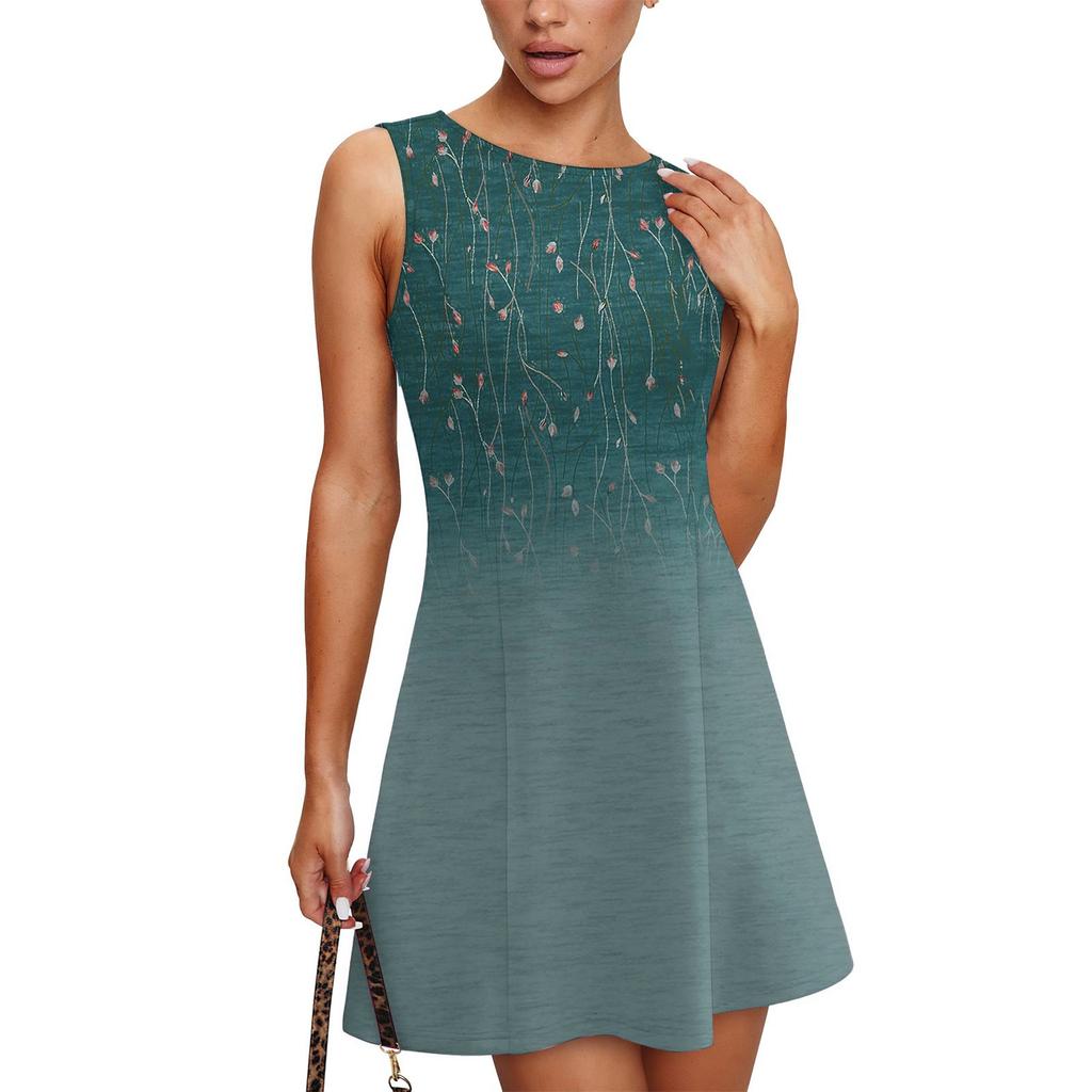 Women's Summer Dress Casual Sleeveless Round Neck Classical Leaf Print Vest Sundress