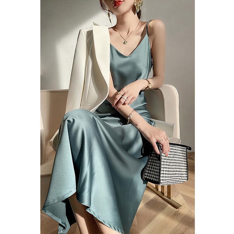 Demana Elegant Glossy Satin V-Neck Midi Slip Dress