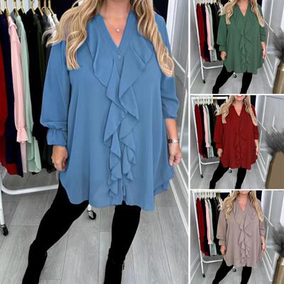 Женская рубашка с V-образным вырезом, длинным рукавом, оборками, повседневная рубашка, однотонные повседневные свободные топы, шифоновая блузка, повседневная одежда