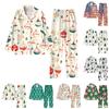 Child 2 Piece Christmas Day Printed Suit Long Sleeve Button Up Top Wide Leg Pants Suit Set Pajamas Home Casual Suit