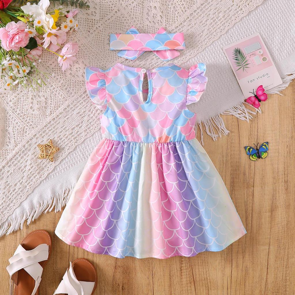 Fashion Summer Newborn Baby Girl 2PCS Mermaid Dress +Bow Headband Print Princess Dress for 0-3 Y Toddler Casual Party Sundress