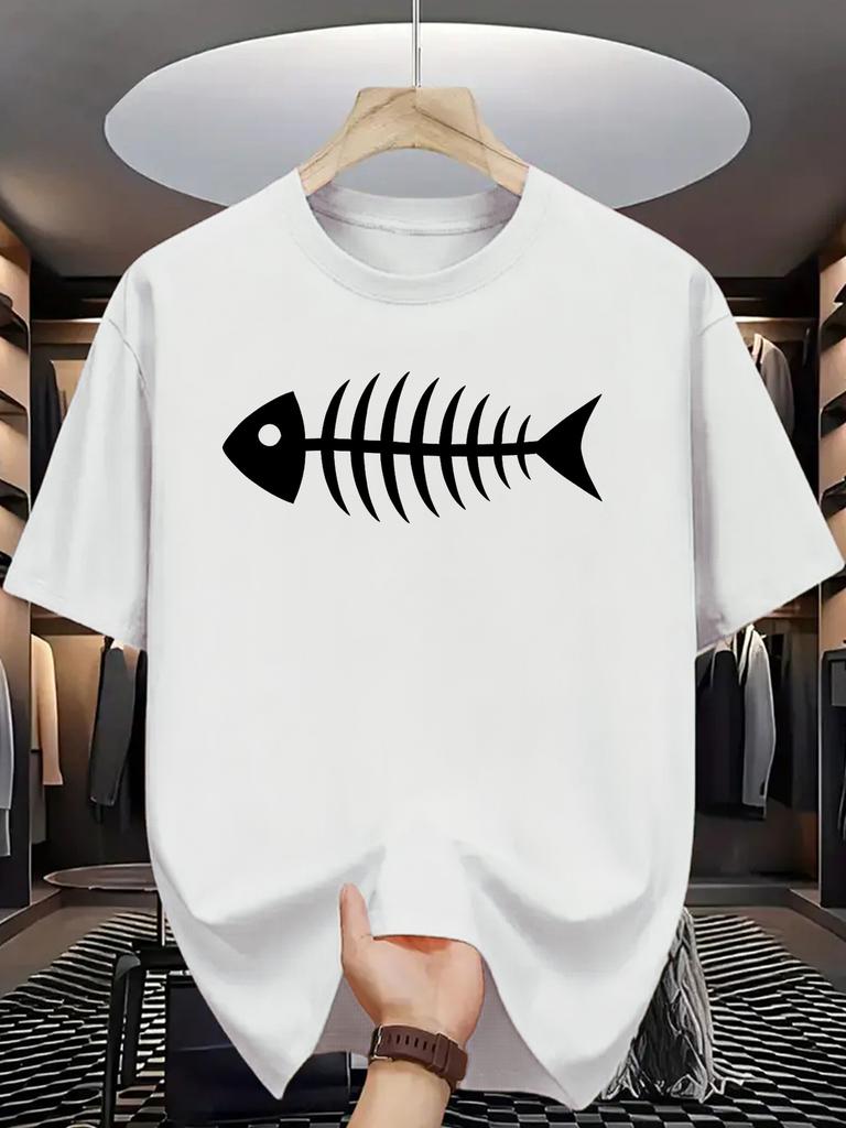 2026 Unisexs Spring Simple Fishbone Pattern Print TShirt Cotton Unisex Streetwear Oversized Loose Casual Classic Short Sleeve