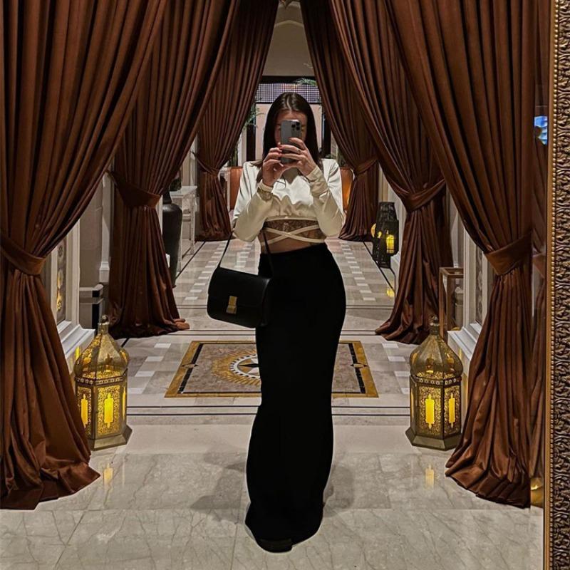 Черная атласная юбка-макси для женщин, высокая талия, кружевные боковые тонкие облегающие юбки-карандаши, женская элегантная клубная вечерние юбка