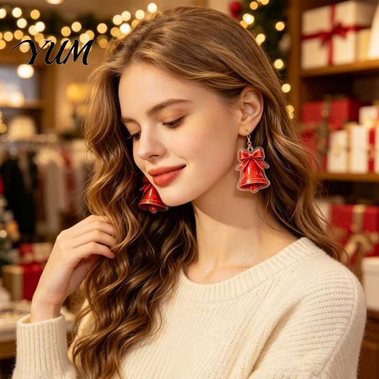 Christmas Earrings for Women 1 Pair 2D Acrylic Bell Dangle Women, Cute Red Holiday with Bow, Jewelry Gifts Xmas Party Accessories Unique Stocking
