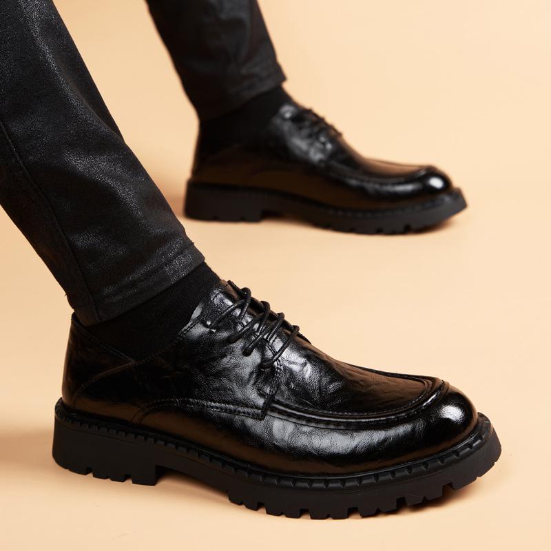 Мужские новые толстоподошвенные из натуральной кожи business casual мягкая кожа круглый носок британский стиль для commuting дерби туфли