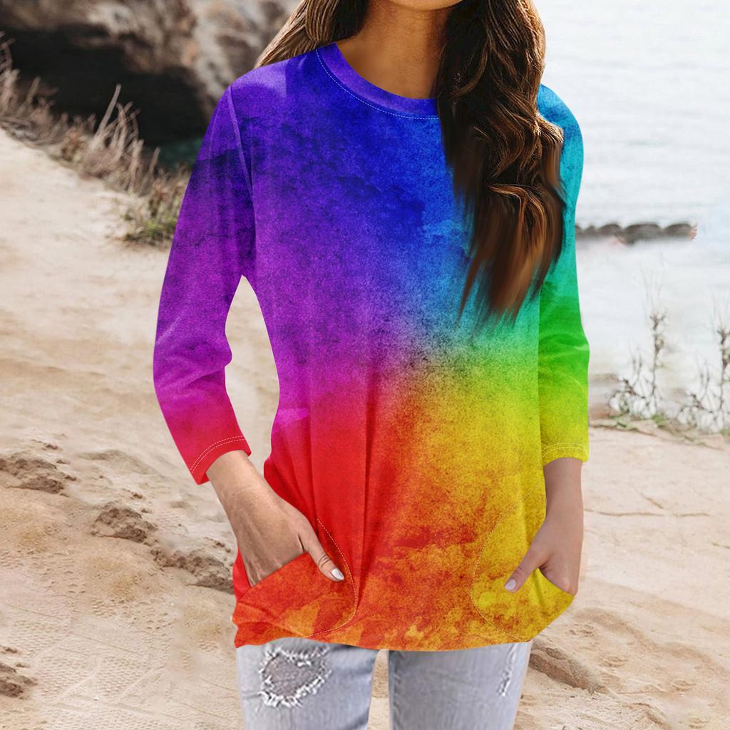 Женская модная повседневная футболка с карманом и круглым вырезом с рукавами 3/4 и топом