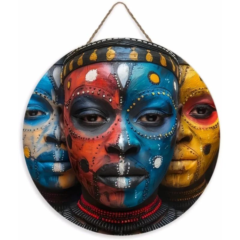 Wood Unique African Mask Circular Wooden Sign with Artistic Design, Suitable for Door, Wall, Home, Room, Farmhouse, Street, Shop, Garage, Bar, Garden
