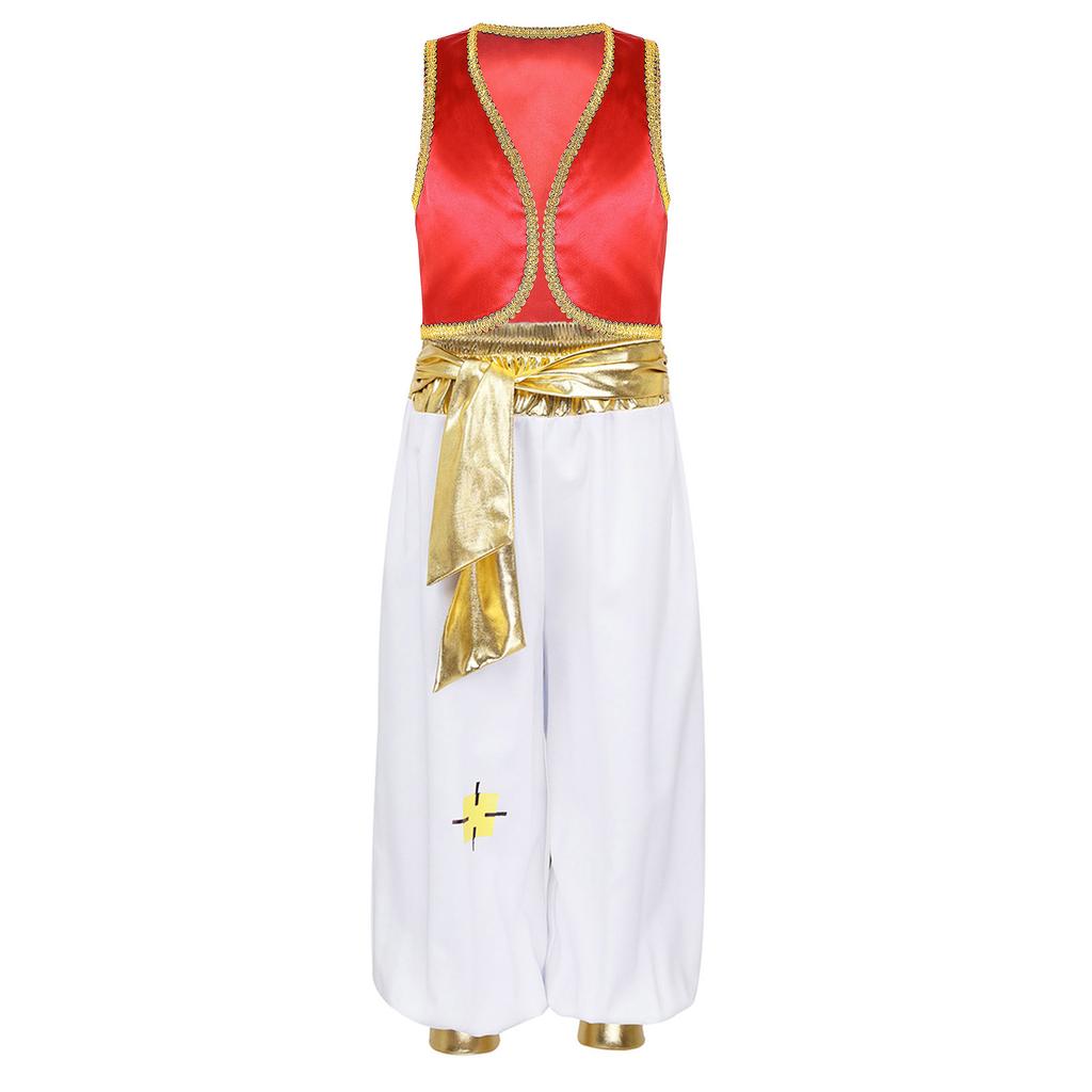 Костюм Арабского Принца на Хэллоуин для Мальчиков Открытый Жилет Эластичный Пояс Брюк Плетеная Отделка Косплей Наряд
