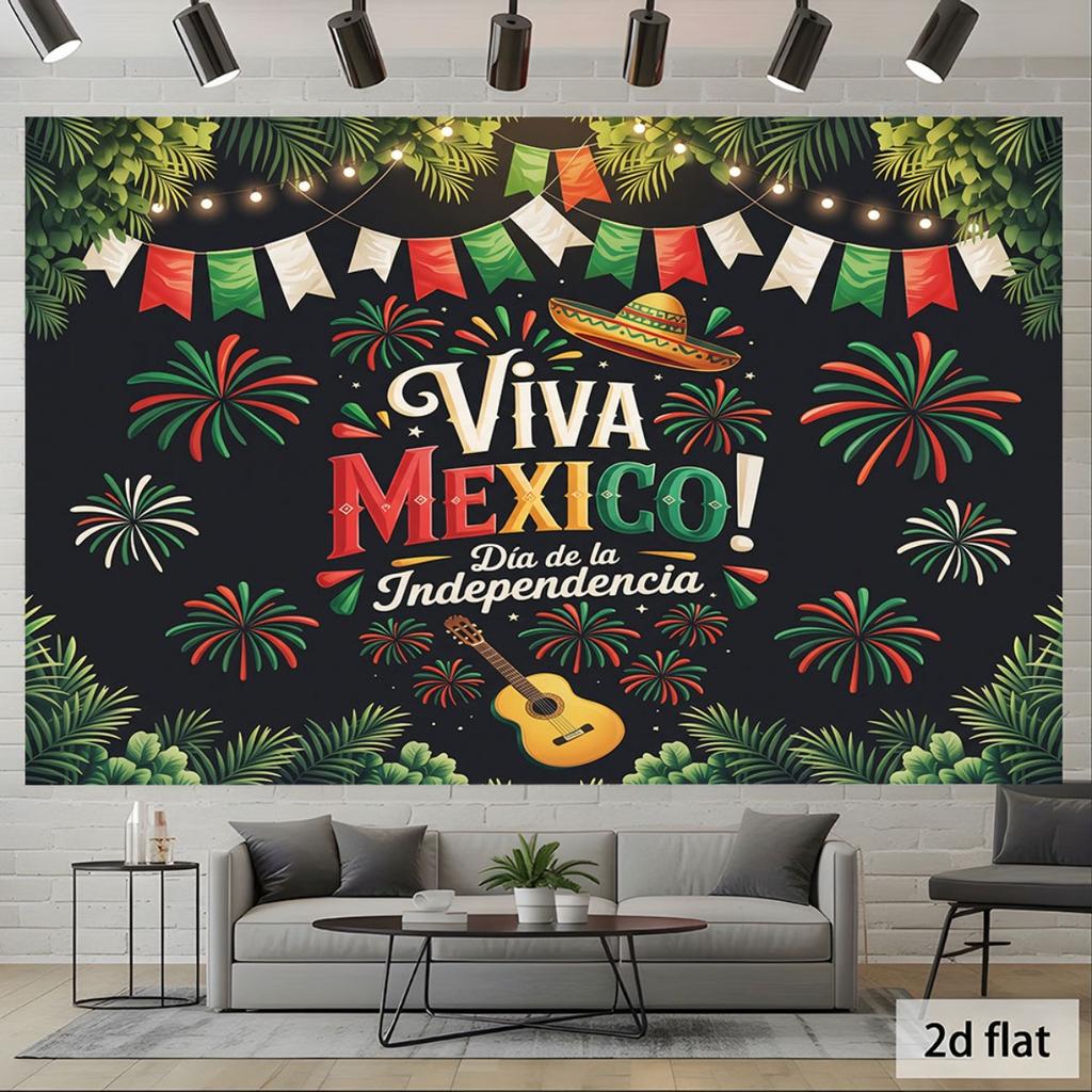 2D flat 1-piece set Viva Mexico Independence Day background music equipped with colorful fireworks and holiday straw hats