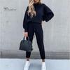 Solid Color 2 Pcs/Set Women Tracksuit Loose Half Turtleneck Casual Elastic Waist Keep Warm Drawstring Sportwear Sweatshirt Sweatpants Suit
