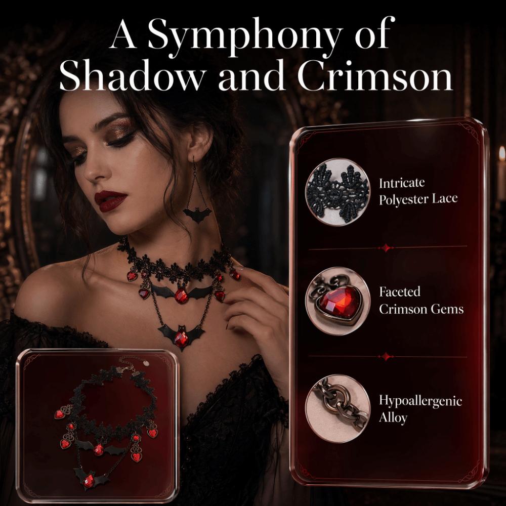 Dark Style Gothic Choker Red Rhinestone Heart Bat Earrings Halloween Necklace Holiday Gift