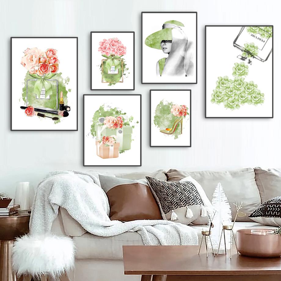 Парижские духи, плакаты на скандинавскую тему, принты, бутылка, цветочная сумочка, модная художественная живопись на холсте для девочек, настенные панно для декора гостиной, без рамки