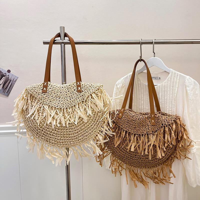 Женская стильная вязаная сумка через плечо с кисточкой, ажурная плетеная сумка, износостойкая пляжная сумка ручной работы, сумки-шопперы