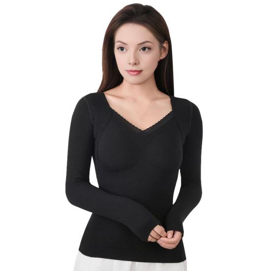 Women Thermal Tops Solid Color V-Neck Long Sleeve Velvet Lining Seamless Elastic Bottom Tops Winter Thermal Blouse