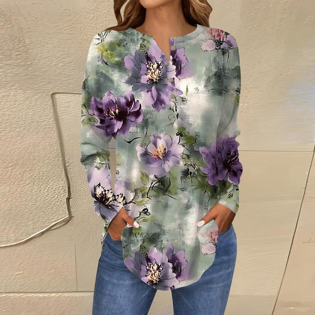 Модная свободная футболка с длинным рукавом и цветочным принтом на пуговицах, топ-пуловер