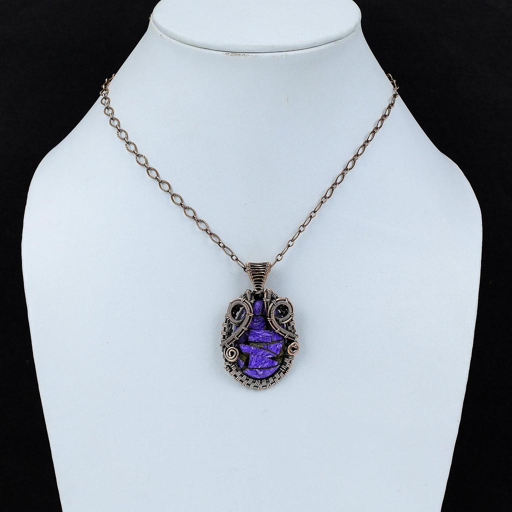 Медный кулон с чароитом, медная проволока, кулон, кулон с драгоценным камнем, кулон ручной работы, антикварный медный ювелирный подарок для нее, новый кулон