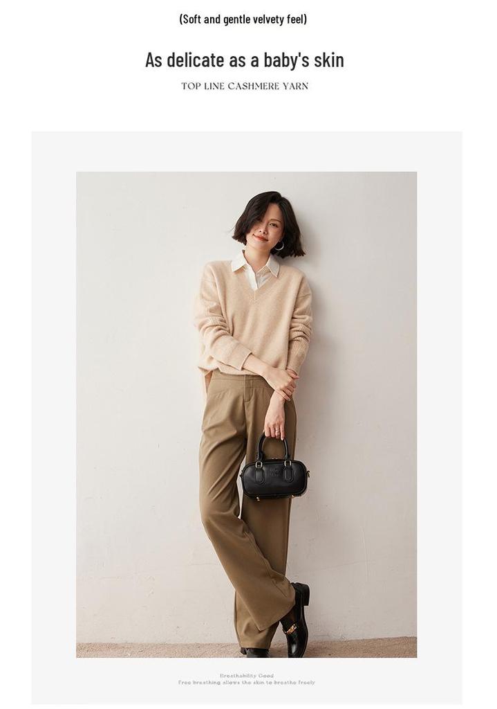 Women's Loose V-Neck Cashmere Sweater - Autumn/Winter 2024 Retro Korean Style Knitwear