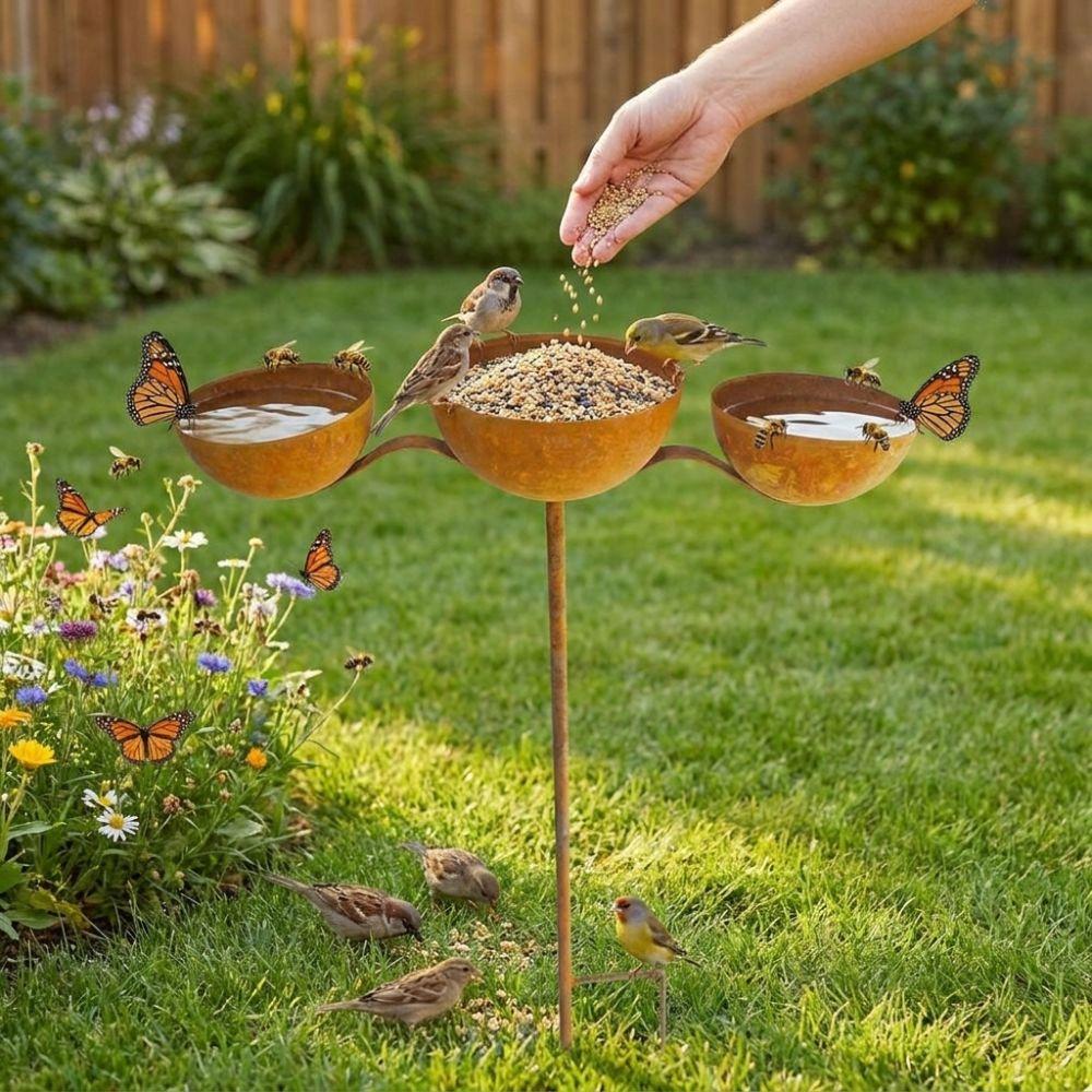 Rusted 3-Tiered Bird Bath Metal Bird Feeding Station Multi-Purpose Bird Water Bowls  Yard