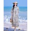 2022 Lightweight Chinese Style Women’s Ramie Print Dress with Mid Sleeves