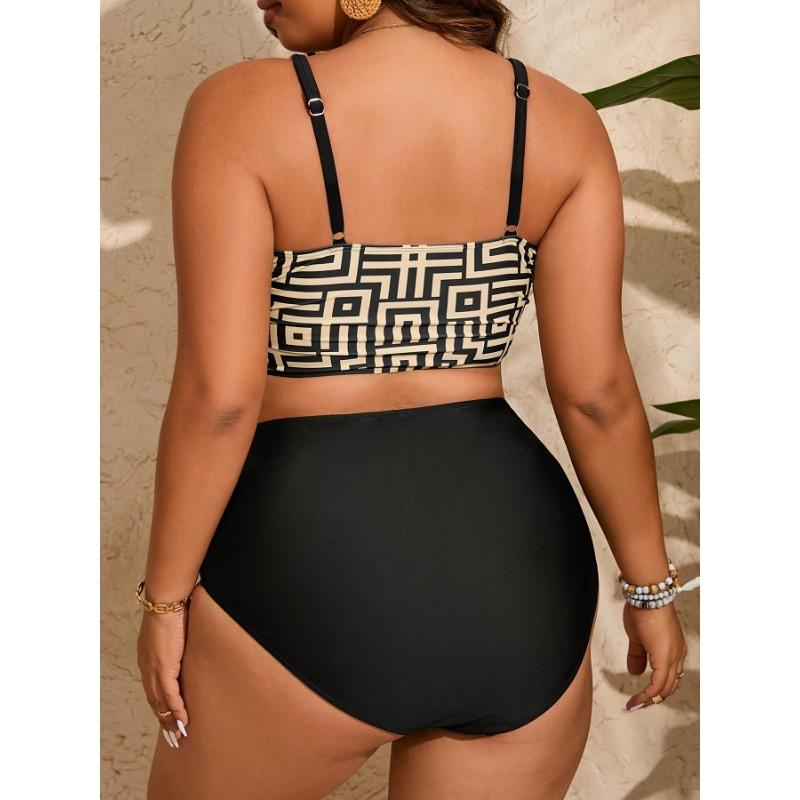 Купальники бикини больших размеров с геометрическим принтом, V-образным вырезом и высокой талией, комплект из 2 предметов, женская одежда для плавания и купальники