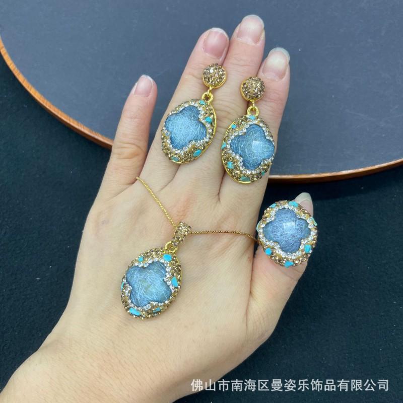 Lucky Four Leaf Clover Jewelry Set Women Men - Gold Plated Earrings Necklace Ring With Synthetic Gemstones