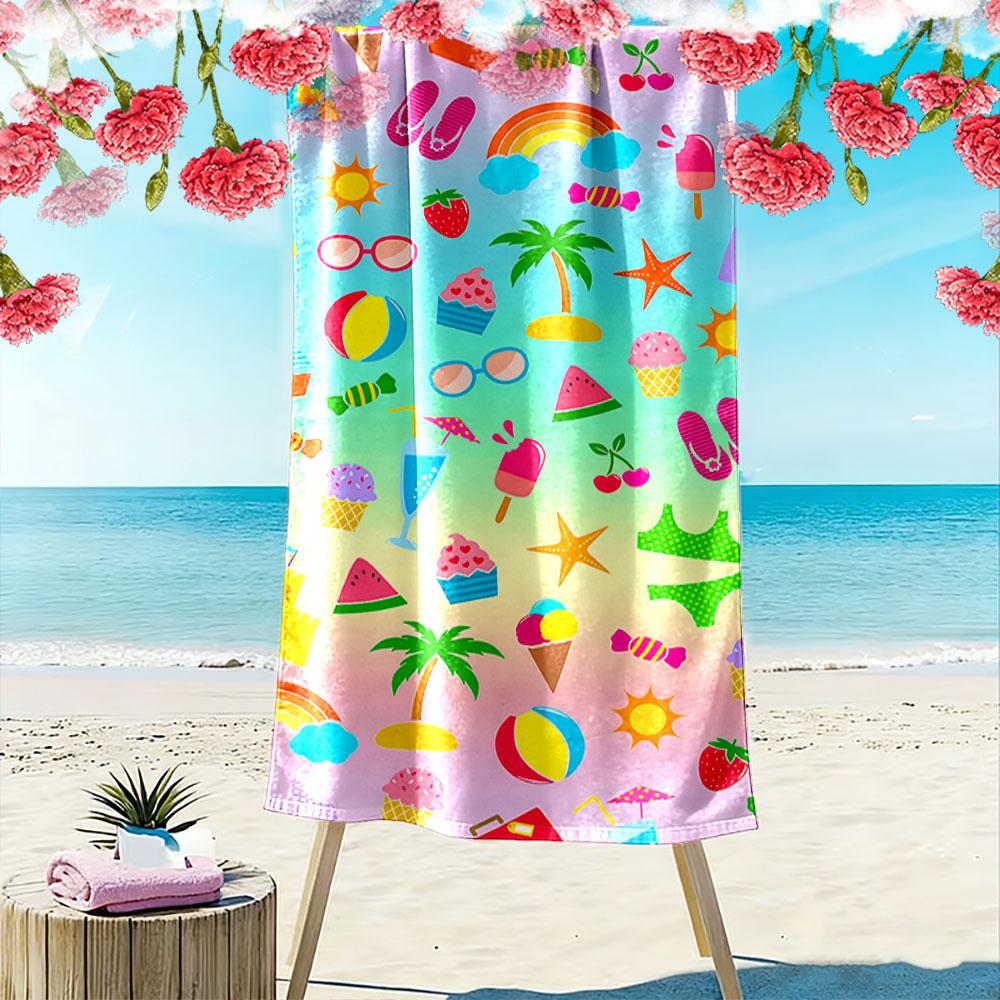 Colorful Summer Vacation Icons Beach Towel Quick-drying for Travel Outdoor Sports Jogging Beach and Swimming