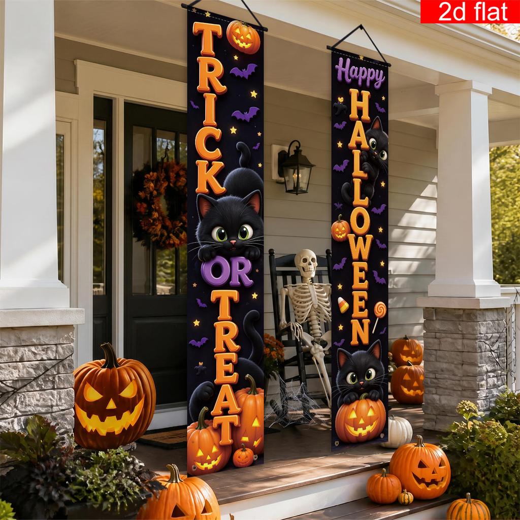 Halloween Porch Sign Cat Bat Pumpkin Lantern Porches 1 Pair Polyester Indoor Outdoor Decor
