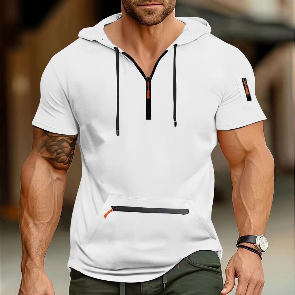 Мужская летняя рубашка с карманом на молнии, коротким рукавом, с капюшоном, мужская спортивная повседневная толстовка большого размера