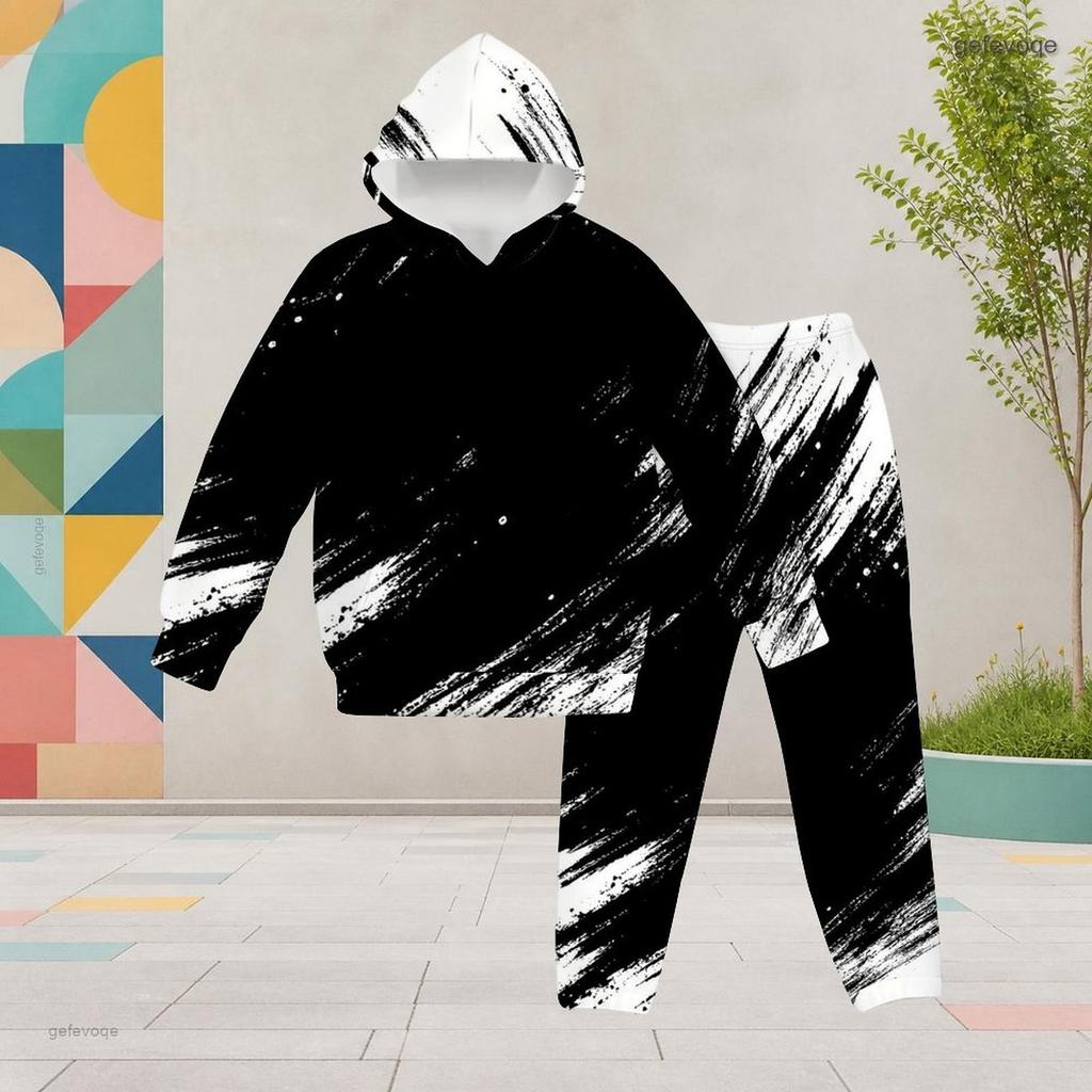 Girls Hooded Long Sleeve Black White Printed Two Piece Set Kangaroo Pocket Cuffed Pants