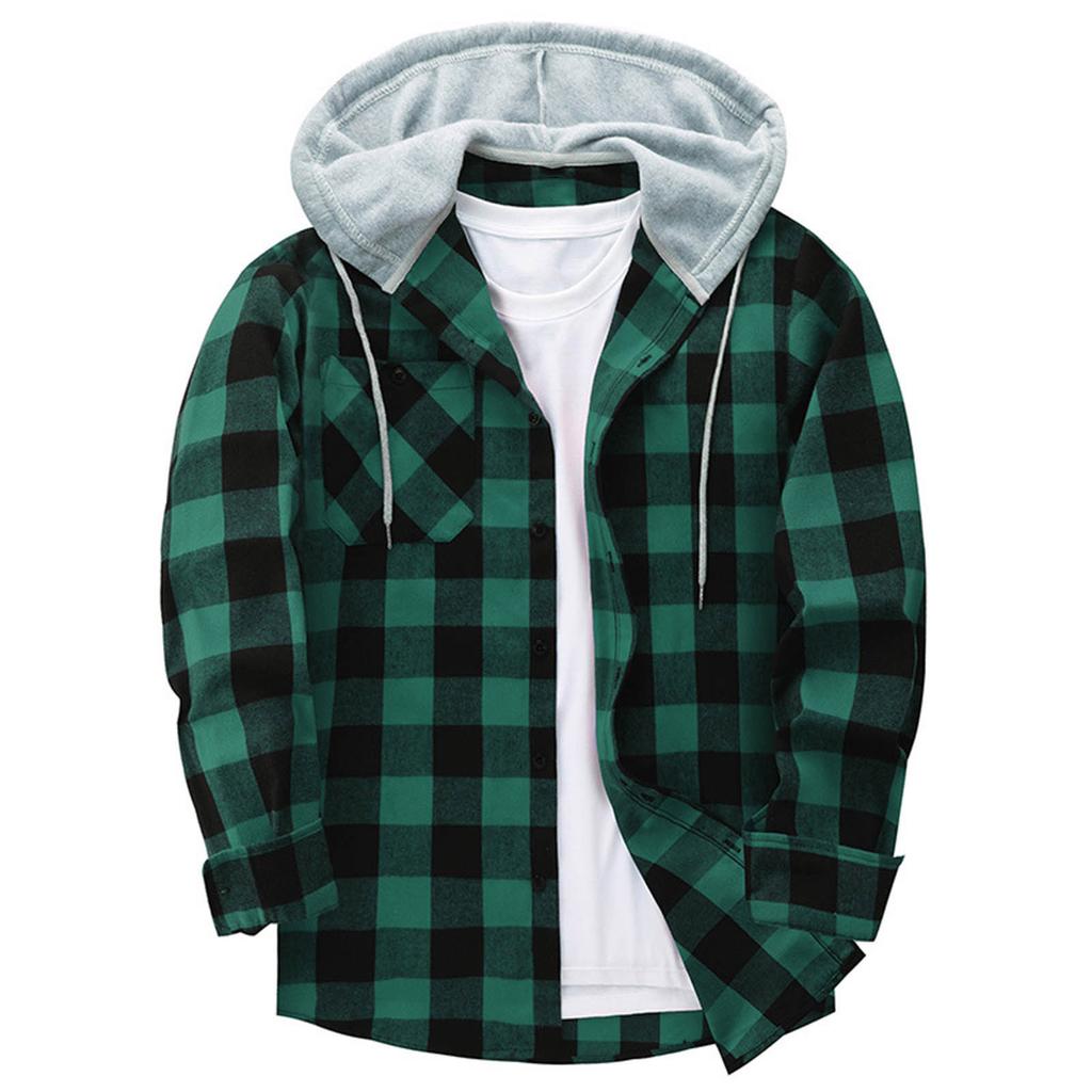  Plaid Pattern Men's Long Sleeve Hooded Shirt Jacket With Chest Pocket, Men's Casual Fall And Winter Coat