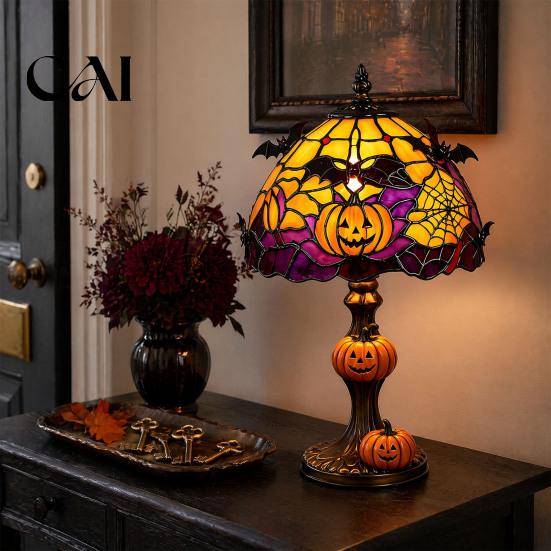 Unique Bat Wing Lamp Halloween Pumpkin Table Lamp, Stained Glass Reading Light, Gothic Cozy Nightstand Light for Bedroom Bookshelf, Seasonal