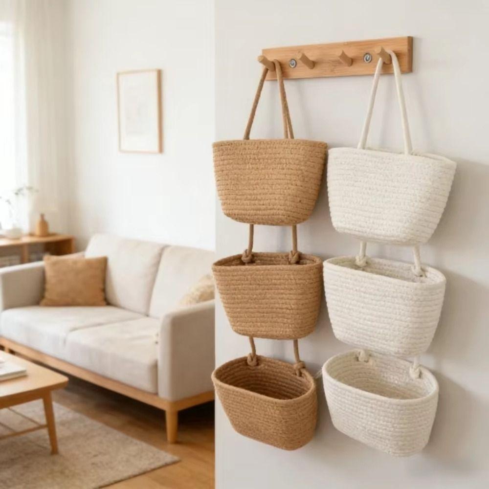 Handwoven Multi Pocket Hanging Baskets Woven Cotton Wall Mount Storage Bag Bathroom