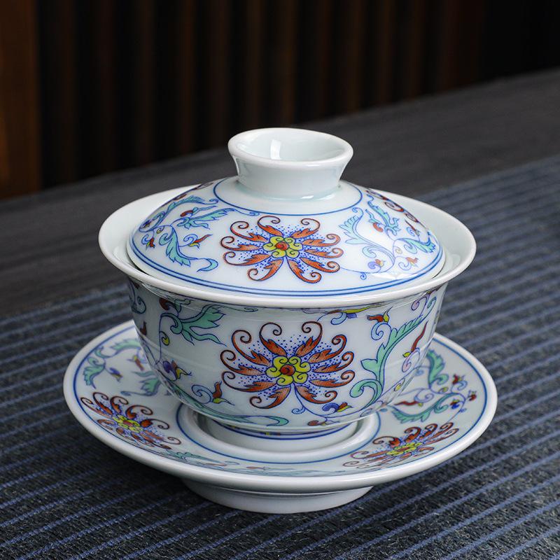 mid-glaze color blue and white porcelain large entangled lotus pot bearing cover bowl white porcelain tea set tea cup ceramic Chinese style Sancai tea