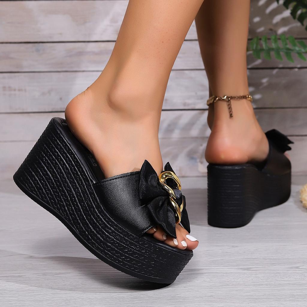 Fashion Aphixta Black Summer 9cm Wedge Heels Slippers Women Metal Bow Mulers Platform Sandals Clog Shoe Slides Plus Size 43