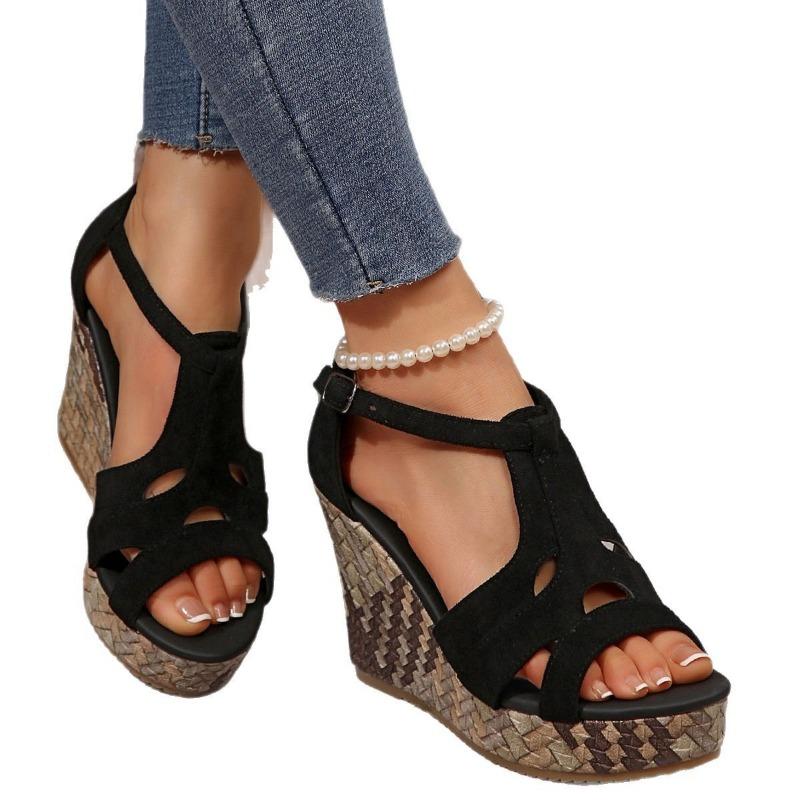 Muffin Woven Bottom Fish Mouth Sandals Women's New Large Size Thick Sole Wedge Sandals Hollow Buckle Fashion Sandals