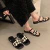 Fashion Elegant Open Toes Square Head Flat Slippers for Women's 2025 Summer New Fashion Comfortable Versatile Roman Style Beach Sandals