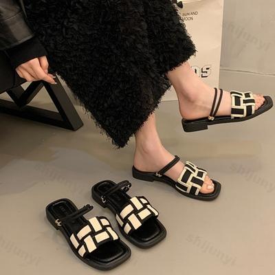 Модные элегантные шлепанцы с открытым носком, квадратным носком и плоской подошвой для женщин, лето 2025, новая мода, удобные, универсальные, в римском стиле, пляжные сандалии