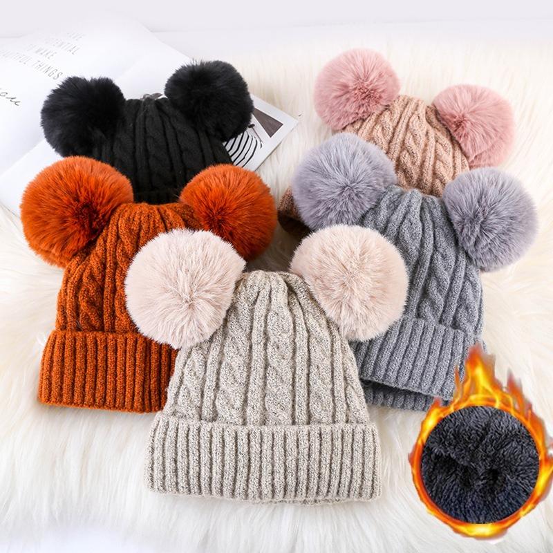 Hat Women's Winter Adult Plus Velvet Double Fur Ball Pullover Woolen Hat Korean Version Cute Cold Hat Personalized Warm Knitted Hat