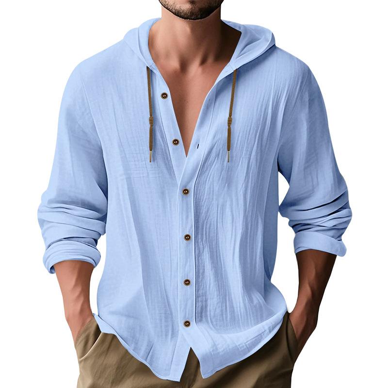 Men's Linen Blend Hooded Button Down Shirt Casual Long Sleeve