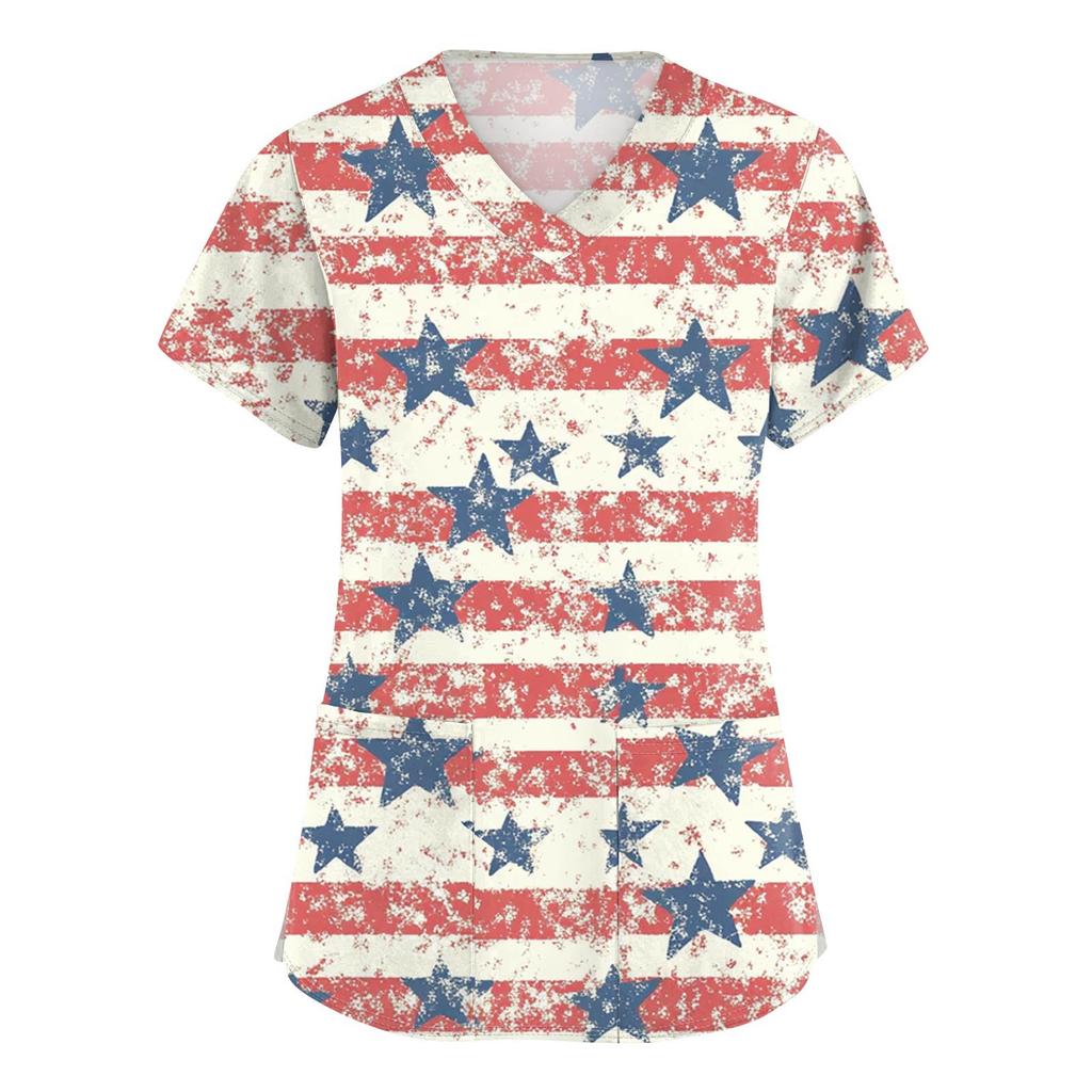 Women's Short Sleeve Independence Day Printed V-Neck Pocket Workwear Top