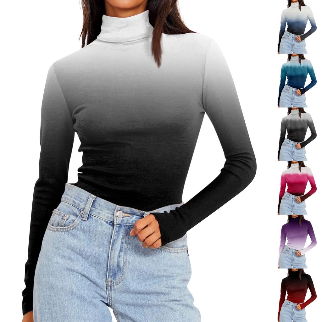 Women's Turtleneck Long Sleeve Shirts Printed Fall Fashion Basic Slim Fit Soft Thermal Tops