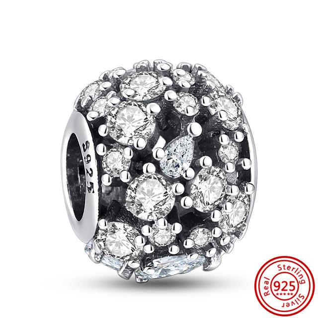 Стерлингового серебра 925 пробы, белый прозрачный циркон, сверкающие модные бусины-клипсы, подходящие для браслетов, ювелирных изделий