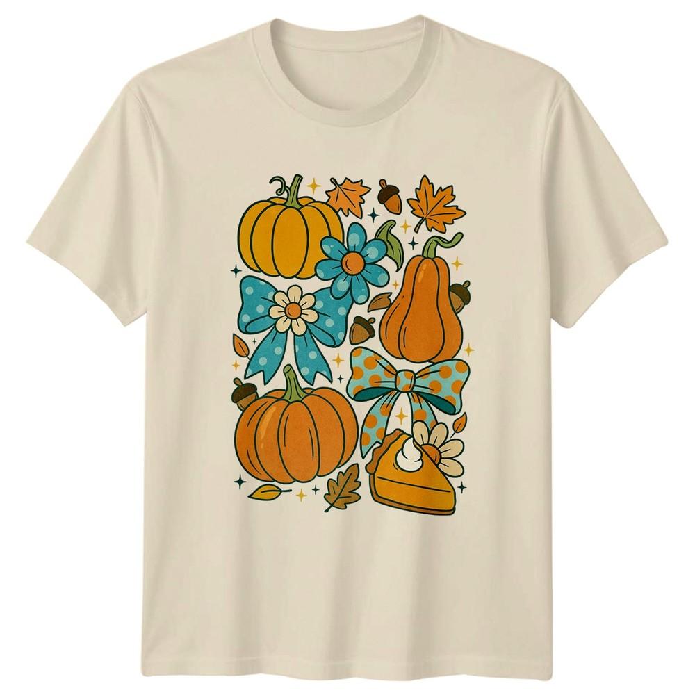 Retro Pumpkin Bow TShirt Autumn Fall Seasonal Gift For Him And Her