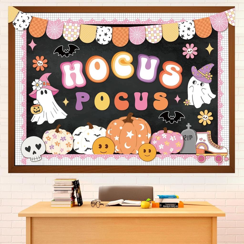Pasimy Halloween Bulletin Board Decorations Set Halloween Theme Classroom Decor Spider Bat Ghost Pumpkin Cutouts with Borders for Home School Party